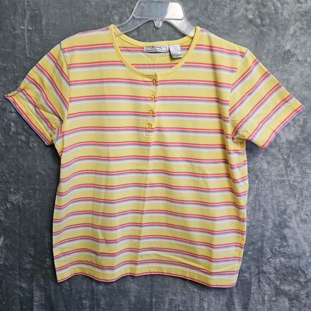 Kenneth Too Top Sz Lg Yellow Cotton Stripe Top Henley pullover